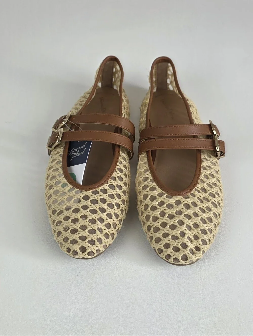 Universal Thread Cream Woven Mary Jane Flats with Brown Straps!